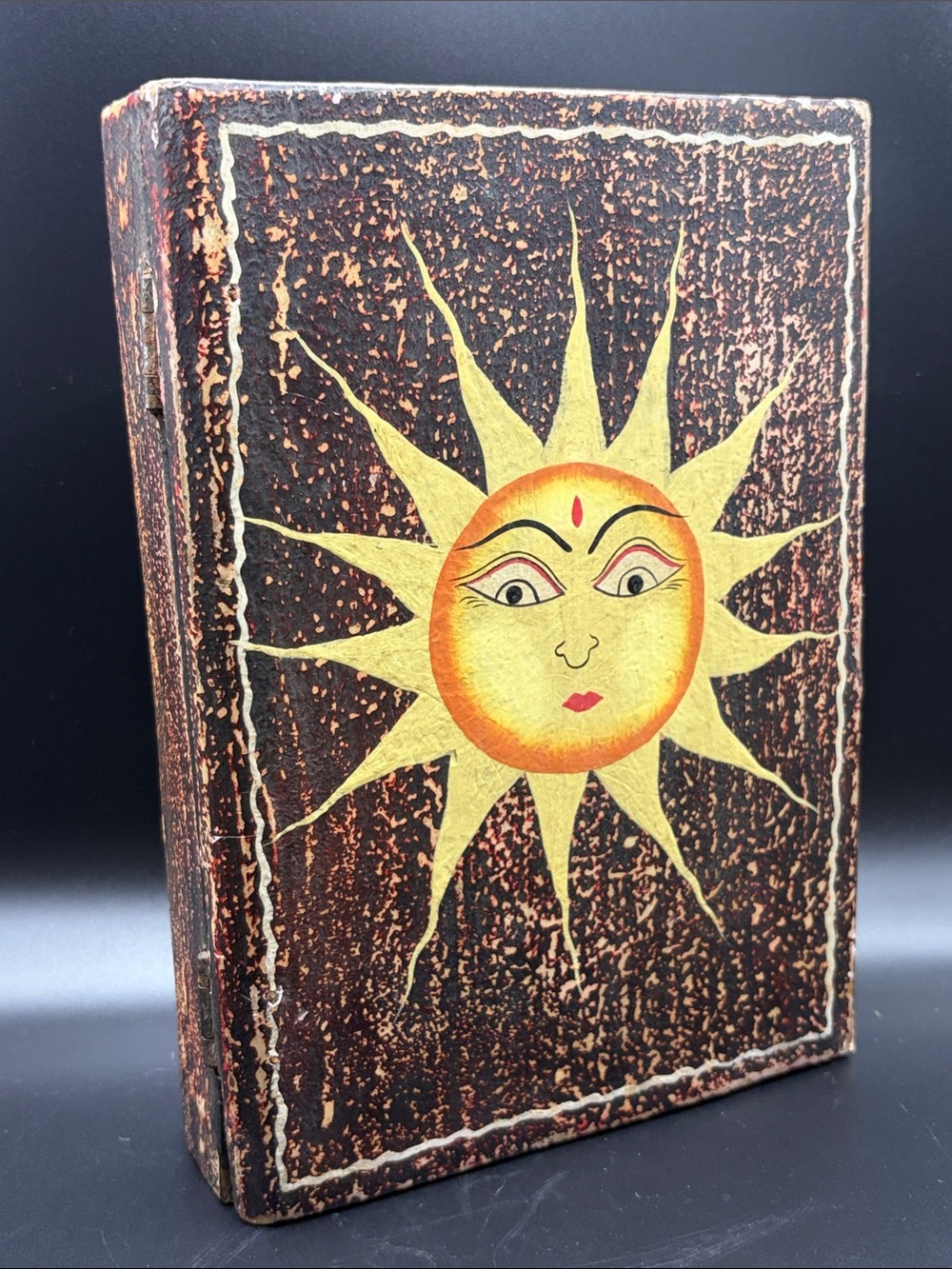 Vintage Hand Painted Celestial Anthropomorphic Sun Faux Book Trinket Stash Box